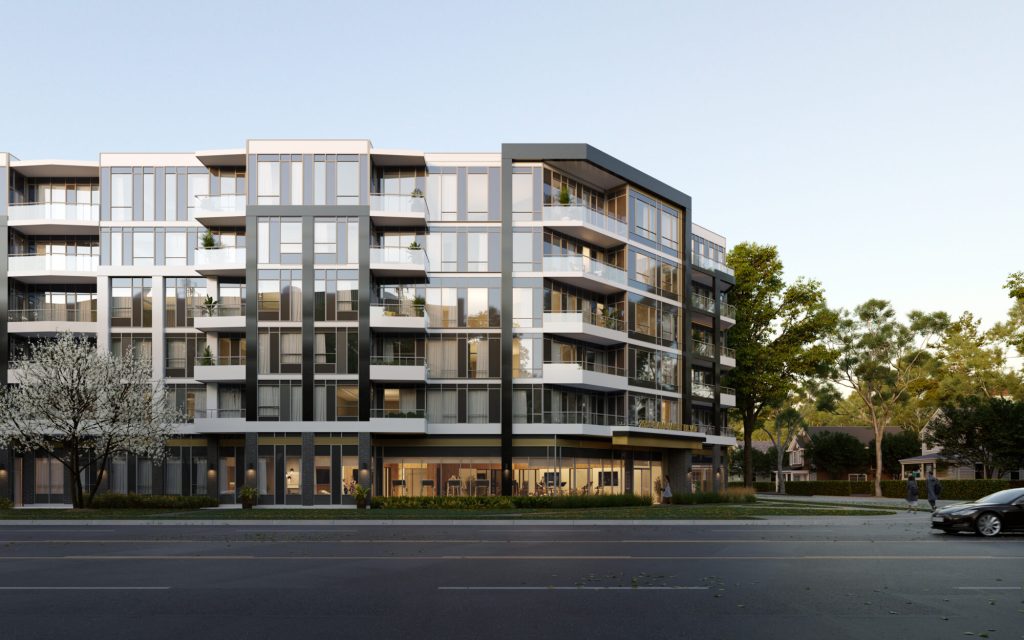 The street elevation of a mid-rise condominium building, with stacked balconies above a glazed ground floor and a blossoming tree at the corner.