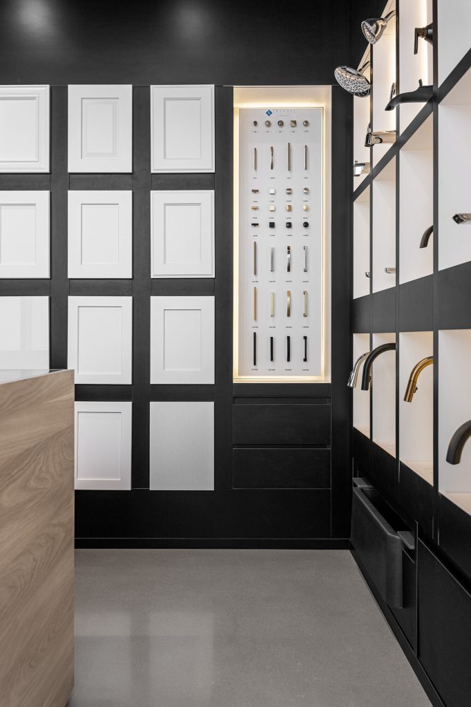 Shelved display of current worktop and cabinetry selections