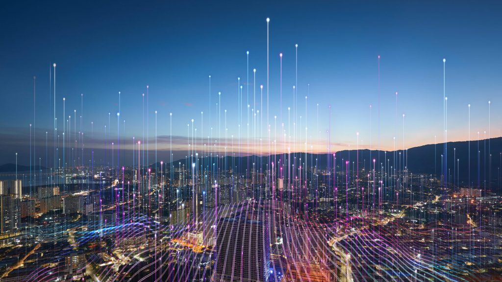 A city skyline at dusk