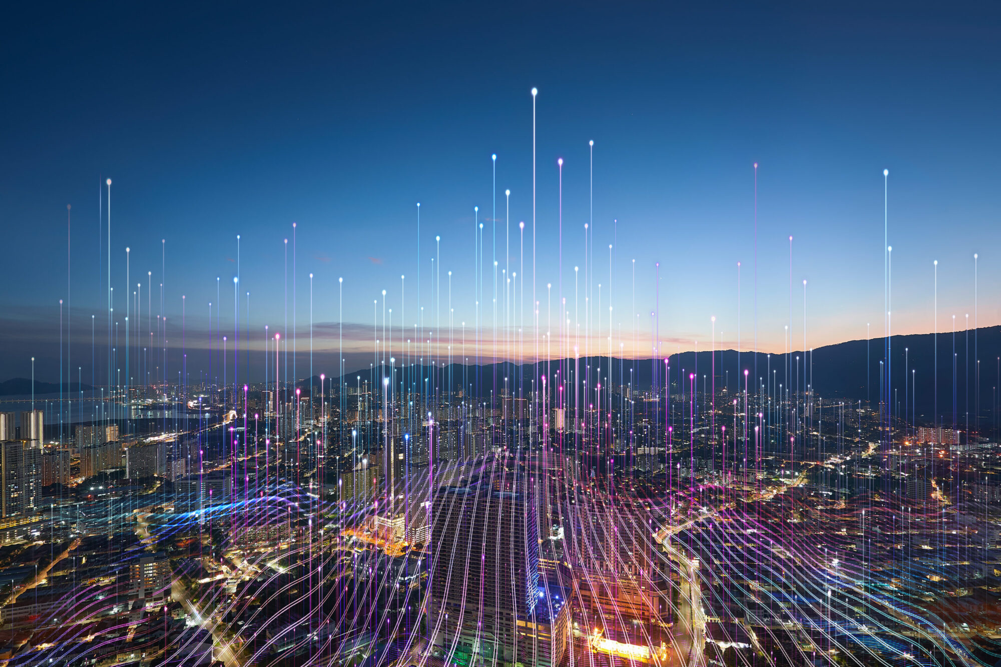 A city skyline at dusk
