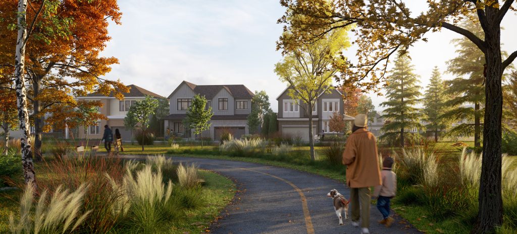 A curving trail through autumn trees and tall grasses, with a man, a child and a dog walking towards two-storey homes beyond.