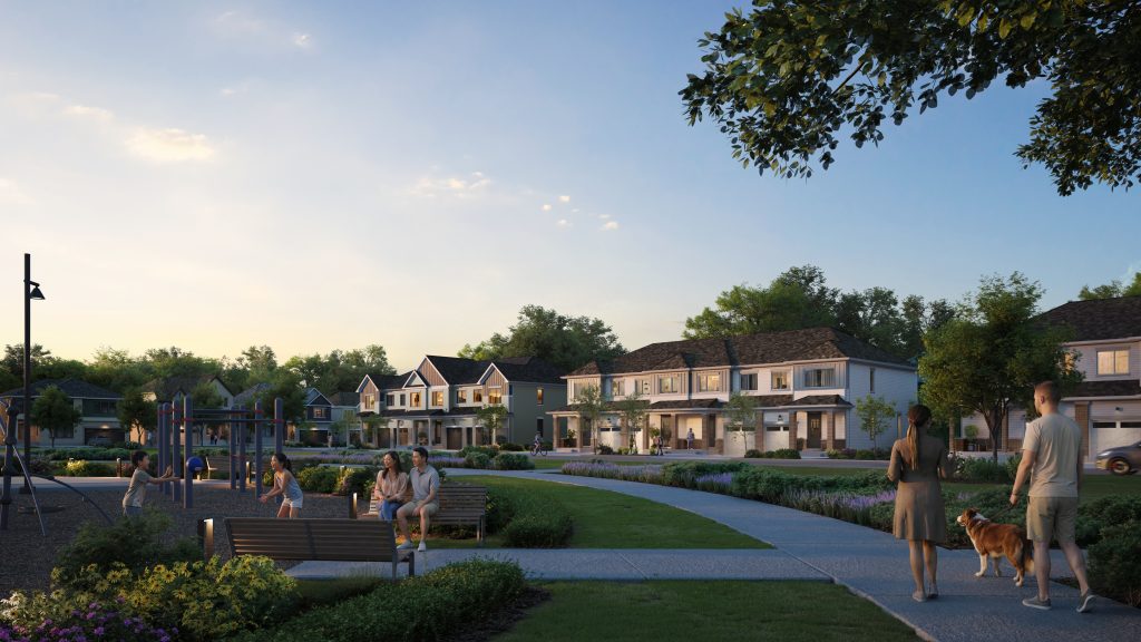 A neighbourhood park at dusk with a playground, benches and a paved path, overlooked by a row of townhomes.