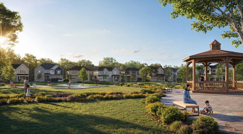 A landscaped park with a timber gazebo, a play area and families sitting on benches, backed by a row of single detached homes.